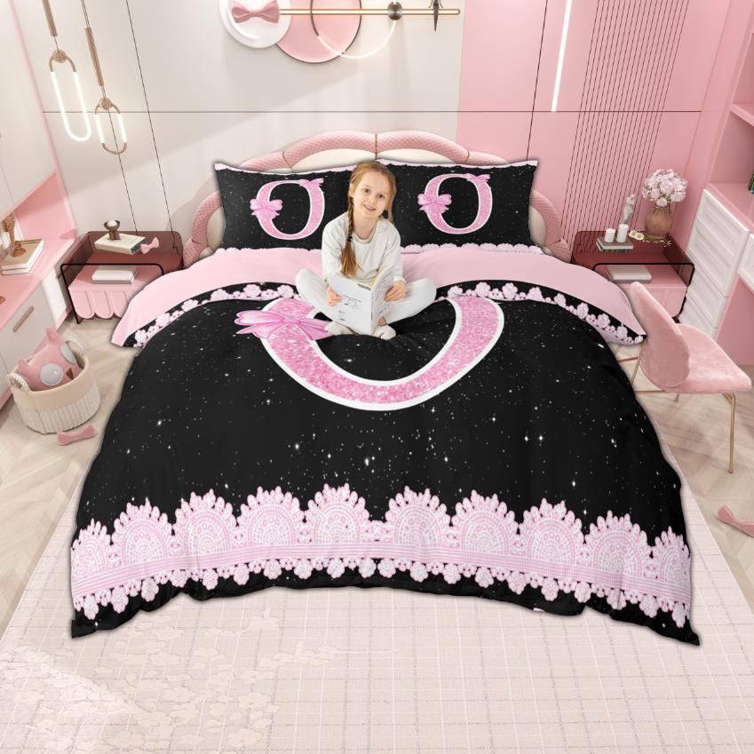 Homewish Personalized Initial M To Z Duvet Cover Set For Girl Black Pink Bedding Set Monogrammed Theme Bedroom Set Room Decor