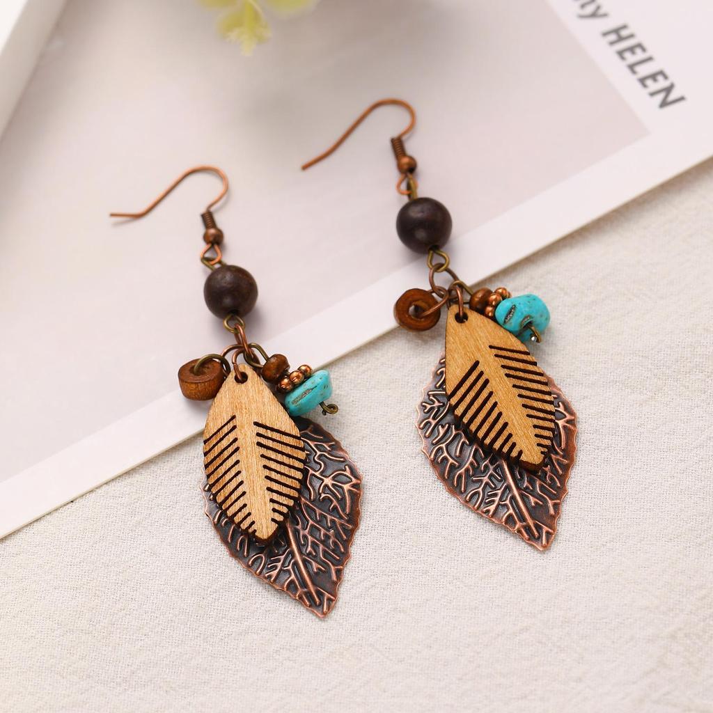 Bohemian Leaf Earrings & Necklace Set - Ethnic Long Sweater Chain Jewelry for Women