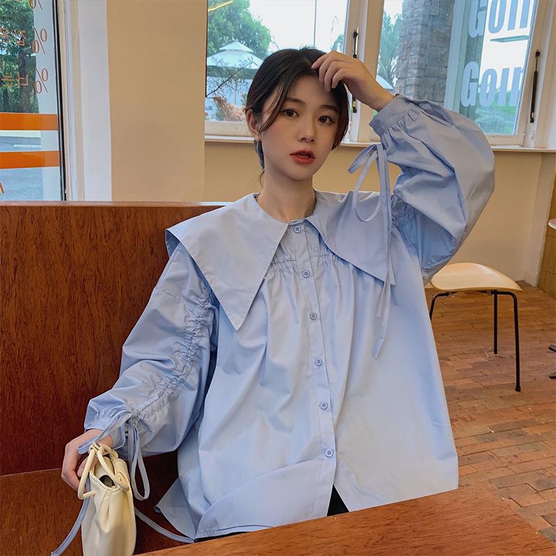 

Plus Size Women s College Style Doll Collar Slimming Long Sleeve Autumn Top XL (for 60-70 kg) синий