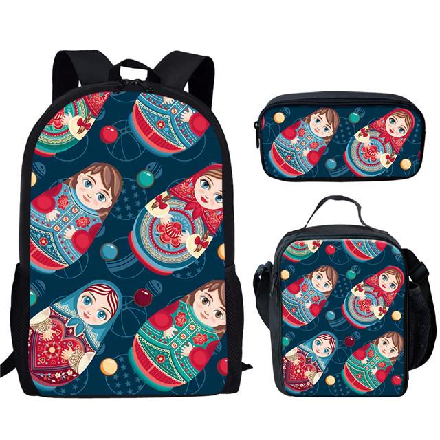 Classic Popular Novelty Funny Russian Dolls 3D Print 3pcs/Set Pupil School Bags Laptop Daypack Backpack Lunch Bag Pencil Case