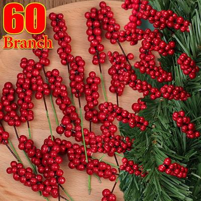 60/1pcs Artificial Red Berries Branches Christmas Holly Berry Stamen Plants Flowers Wreath Xmas Tree Ornaments Party Home Decor