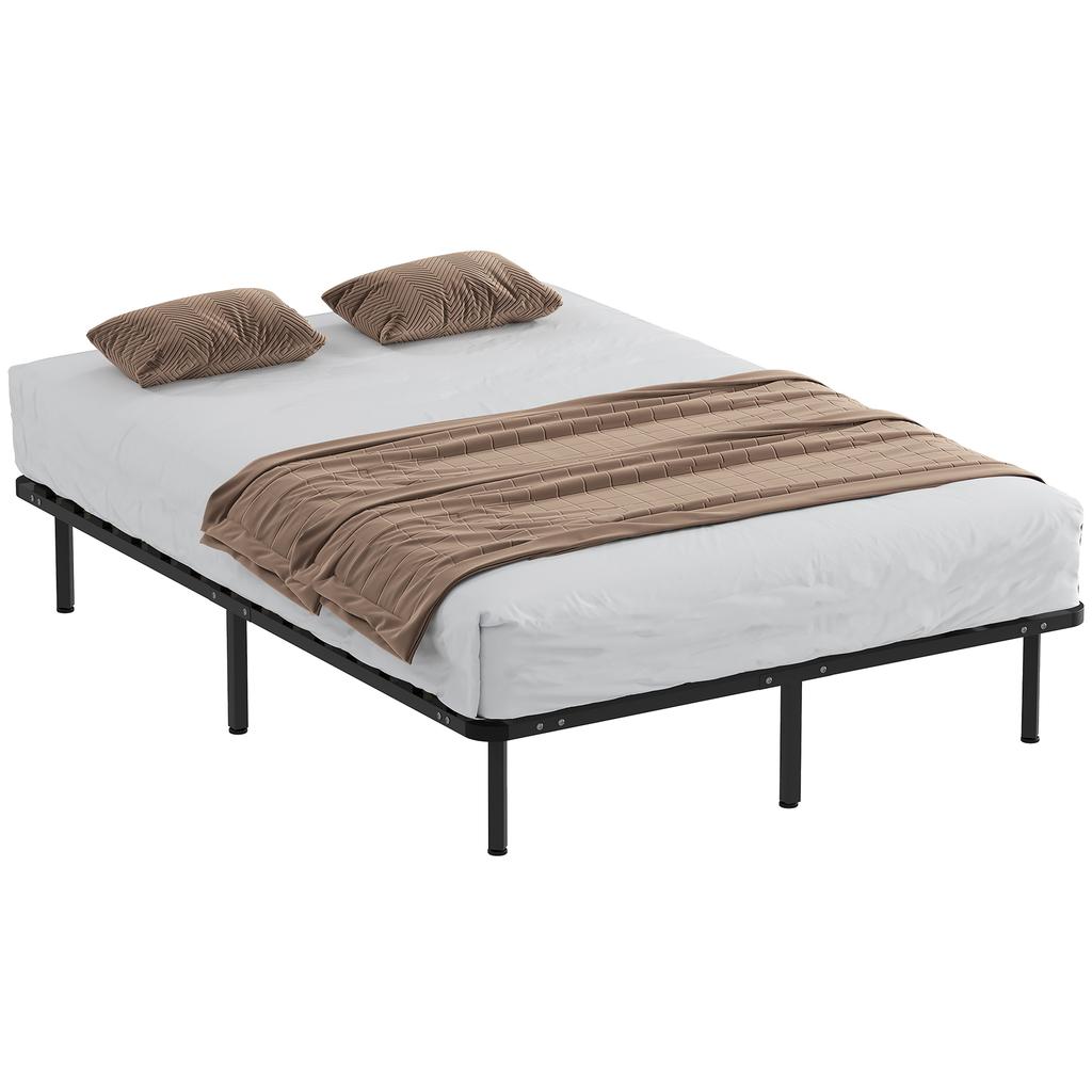 4ft6 Double Bed Frame, Metal Platform Bed Frame with 2 x 14 Wood Slats, No Box Spring Needed, Underbed Storage, Black