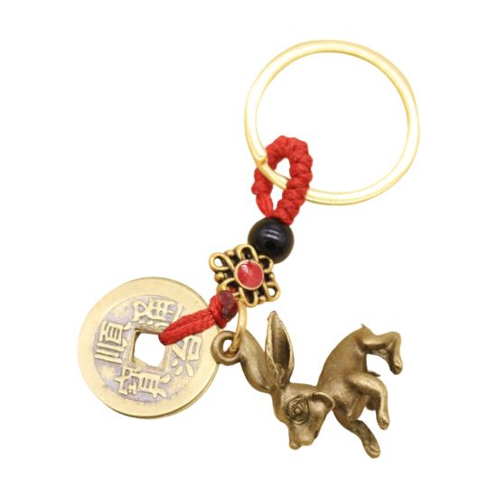 Retro Copper Keychain Pendant with Five Emperors Money Feng Shui Twelve Animal Charm Good Fortune Red Rope Key Chain Bag Car Accessory