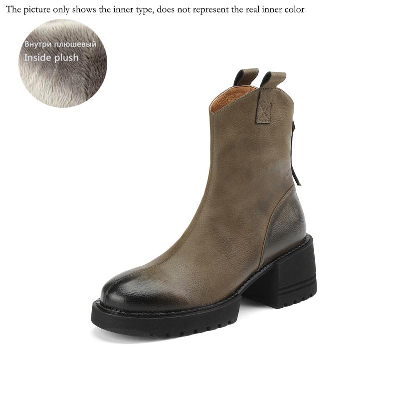 Fashion 2024 Winter Genuine Leather Women Boots Round Toe Chunk Heel Platform Shoes Solid Chelsea Boots Casual Women Shoes Green Boots