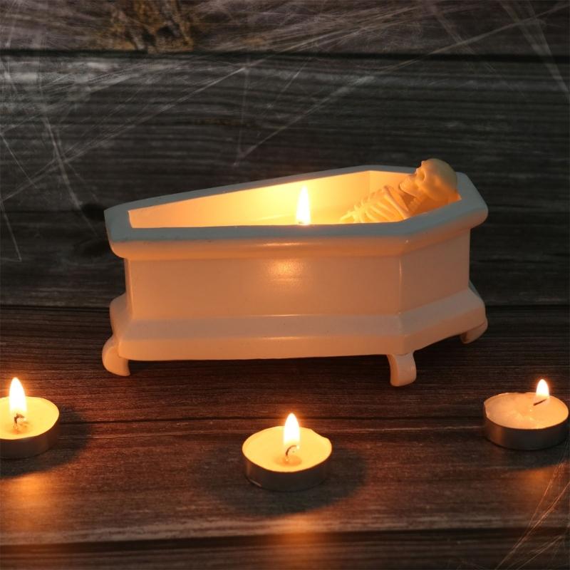 Resins Skeleton Decoration Coffin Shape Candle Horror Skull Sculpture For Holiday Displays Halloween Party Supplies