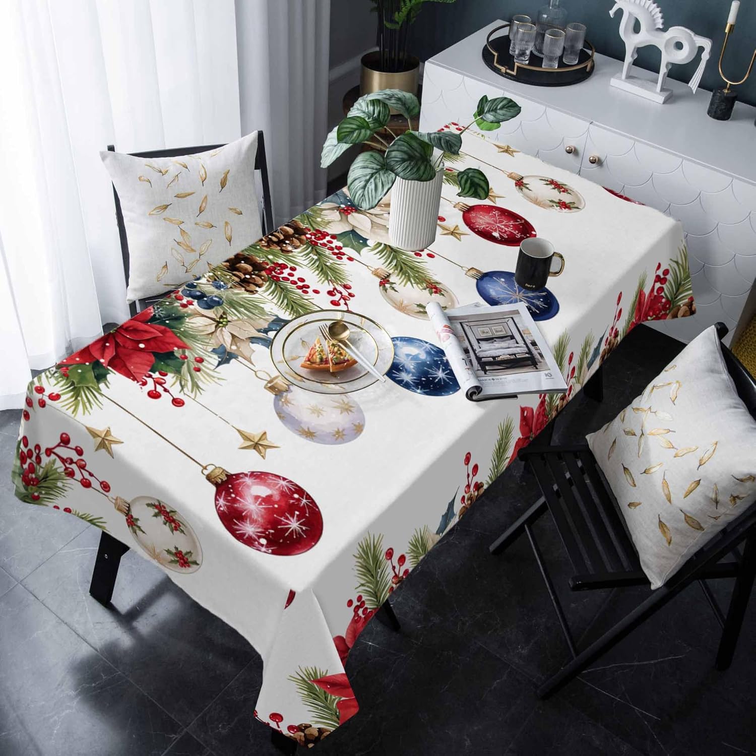 

Christmas Poinsettia Berry Xmas Ball Waterproof Tablecloth For Table Decor Winter Kitchen Dining Tablecloth Christmas Decoration 50x50cm napkin