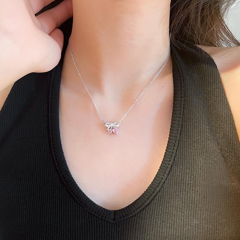 Bow Necklace Women's Light Luxury Niche Design Pink Love Clavicle Chain Stainless Steel