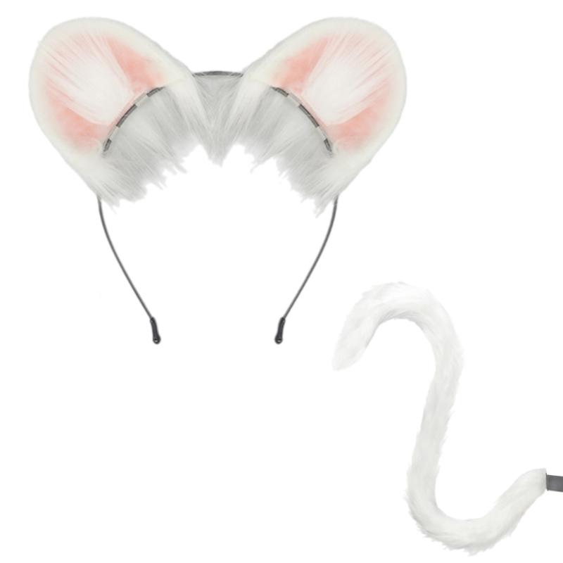 Mouse Costume Accessories Faux Furs Foxes Tail and Ears Headband Set Animal Halloween Cosplay Costume for Women Men