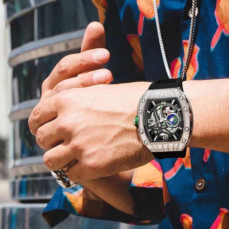 New I&W Carnival Automatic Mens Watch Skeleton Dial Power Reserve Indicator Diamond Bezel Black Silicone Mechanical Watch