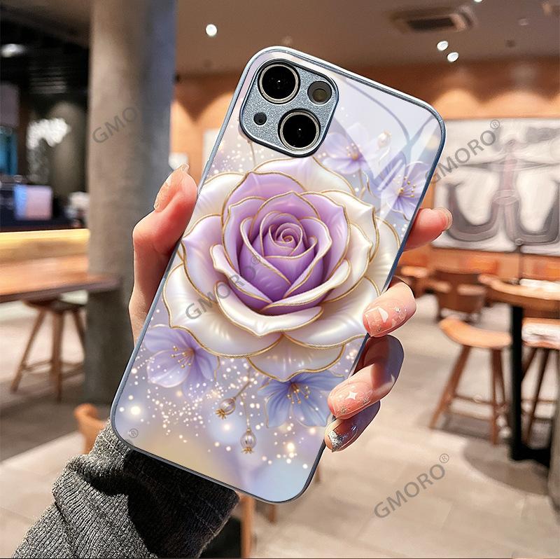 Internet Celebrity Same Ins Style Light Luxury Dream Purple Rose Mobile Phone Case iPhone17Pro Glass Protective Case Apple 15