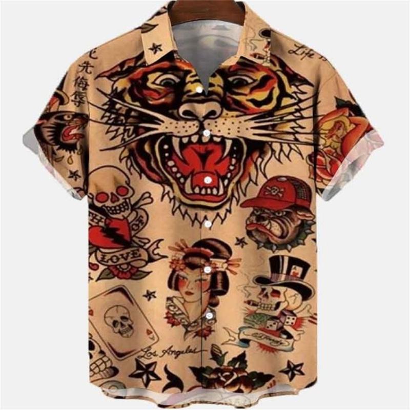 Summer Men's Dragon Pattern Element Shirt Social Casual Vintage Hawaiian Shirt  New Oversize Short Sleeve Street Clothing
