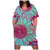 Women's Casual Large V-neck Short Sleeve Printed Pocket Loose Dress