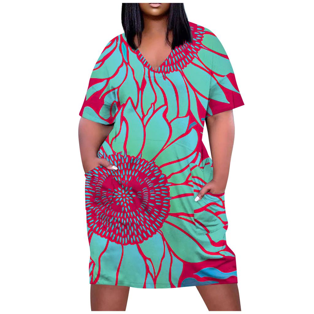 Women's Casual Large V-neck Short Sleeve Printed Pocket Loose Dress