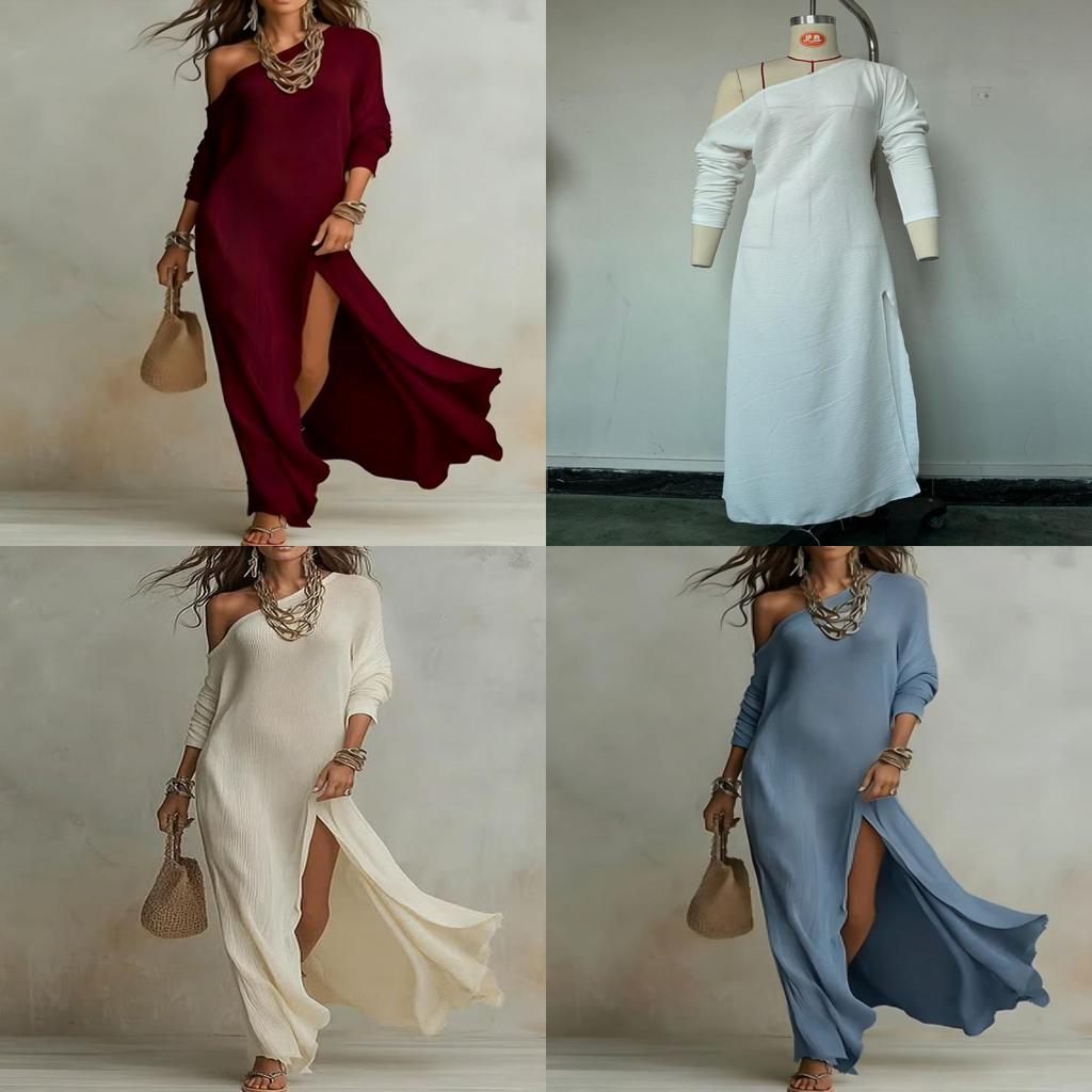 Elegant Long Sleeve Pleated Dress With Slit For Casual And Business Wear