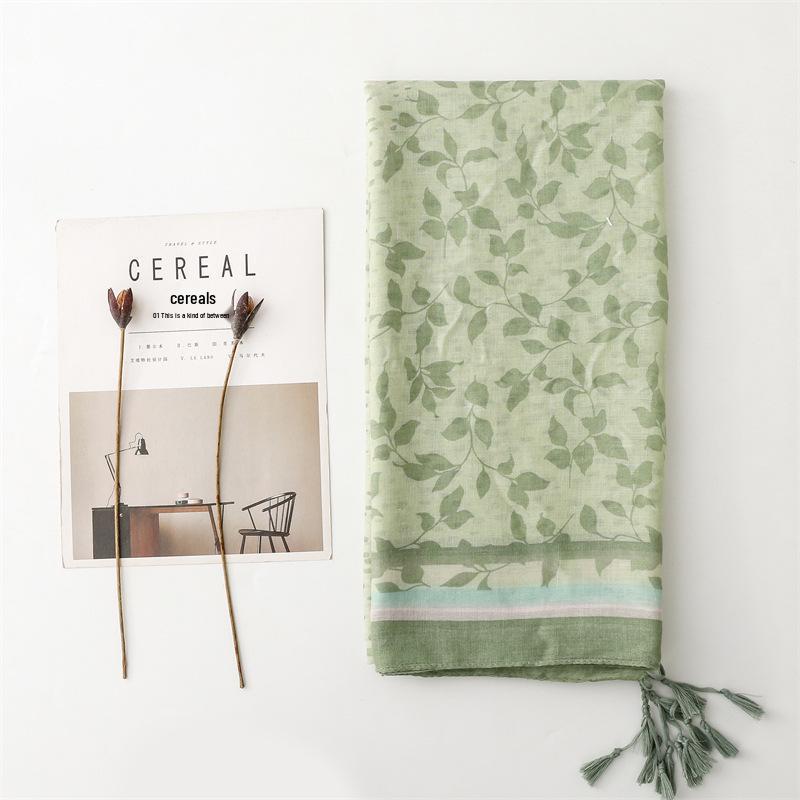 Fresh Cotton Linen Sun Protection Shawl: Red Flower Tassel Silk Scarf for Spring/Summer Travel