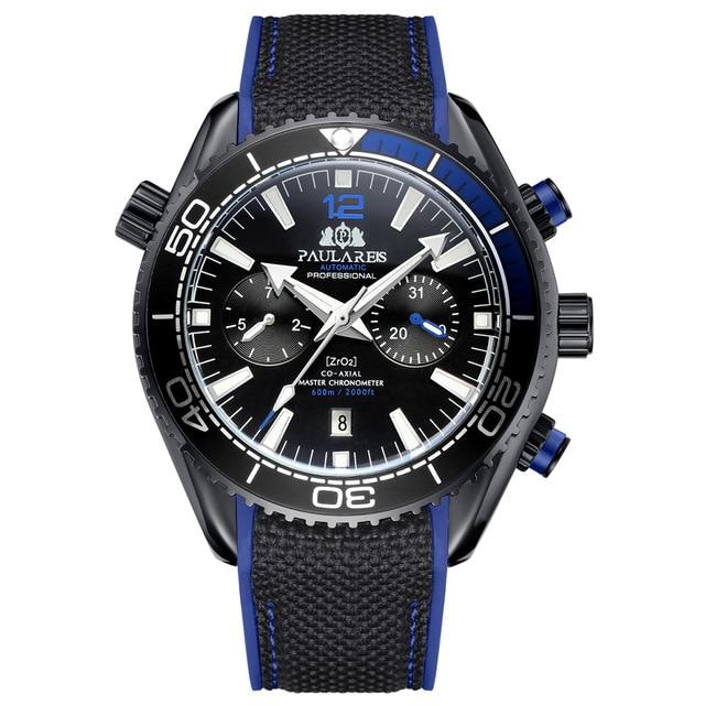 PAULAREIS Masculino Automático Auto Vento Mecânico Pulseira de Borracha de Lona Laranja Azul Vermelho Multifuncional Data Mês Relógio