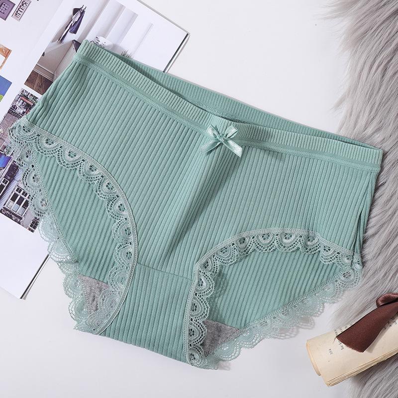 Women's Korean-Style Ribbed All-Cotton Mid-Waist Triangle Briefs with Pure Cotton Crotch