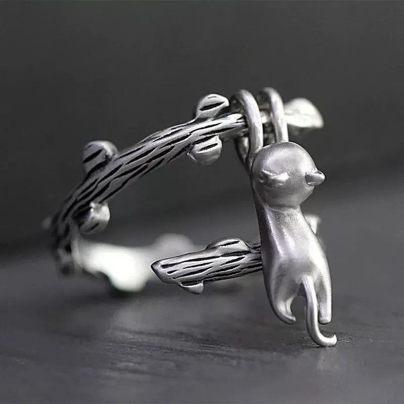 

Adjustable Vintage Style Cat Design Open Band Ring with Textured Branch Pattern for Women and Men Silver Tone