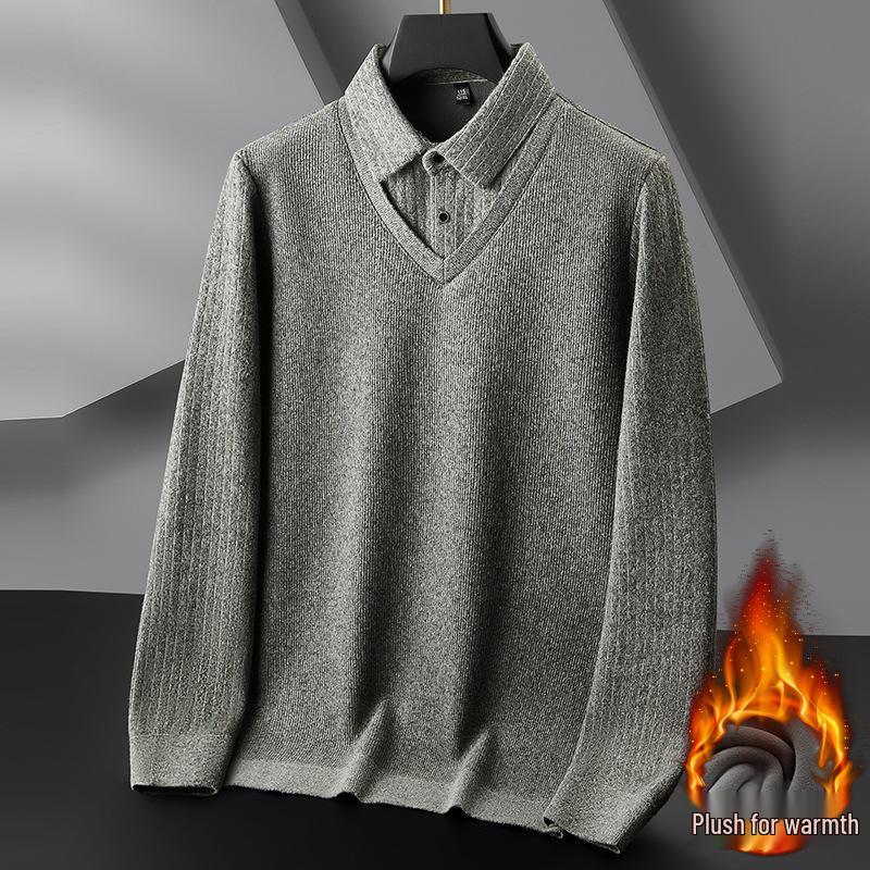 

Fat Brother 2026 Men s Faux Two-Piece Long Sleeve Warm Sweater, Plus Size Loose Knitwear for Autumn/Winter 4XL серый