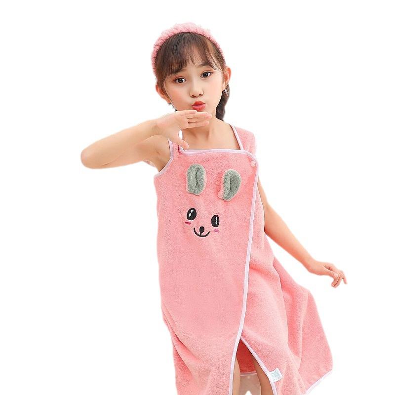 Children's Wearable Bath Towel & Headband Set - Soft, Absorbent, Lint-Free Bathrobe for Kids