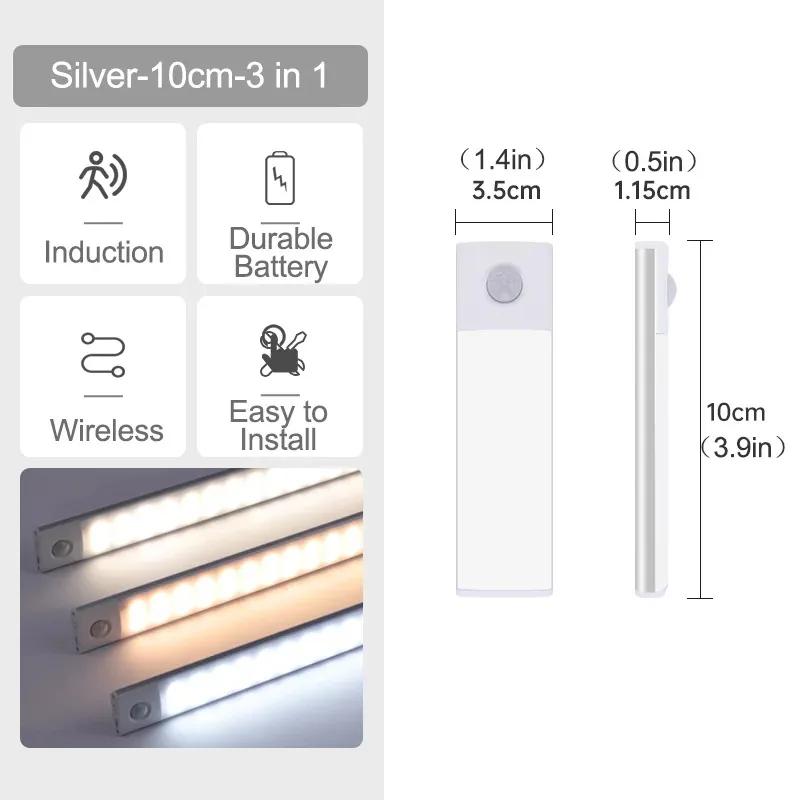 10-60cm Motion Sensor Under Cabinet Lights Wireless LED Night Light USB Rechargeable Ultra Thin Indoor Closet Kitchen Lighting
