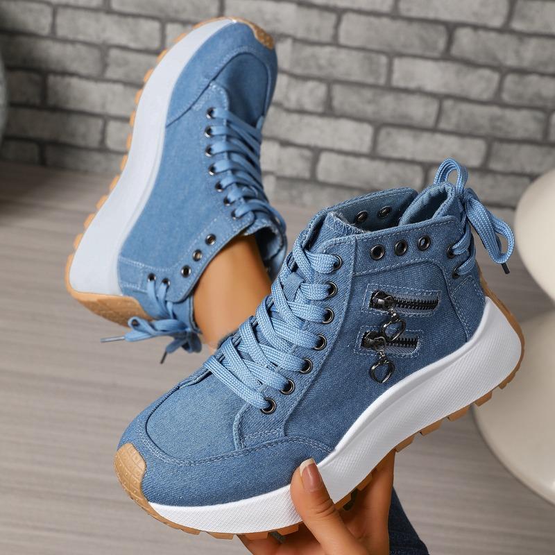 Fall New Round Toe Lace-Up Front Denim Zip Platform Non-Slip Mid-Top Sneakers Fashion Sneakers