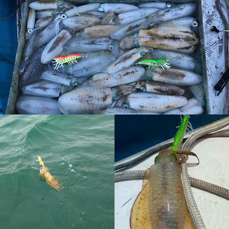 Night Glow Wooden Shrimp Squid Hook Soft Footed Bait with Sound Beads Fake Bait for Fishing