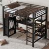 Cama de hierro, litera, adecuada para niños y adolescentes, mesa y armario, compartimentos de almacenamiento, escalera de 5 peldaños, hierro+tablero de partículas, negro, 90x200cm