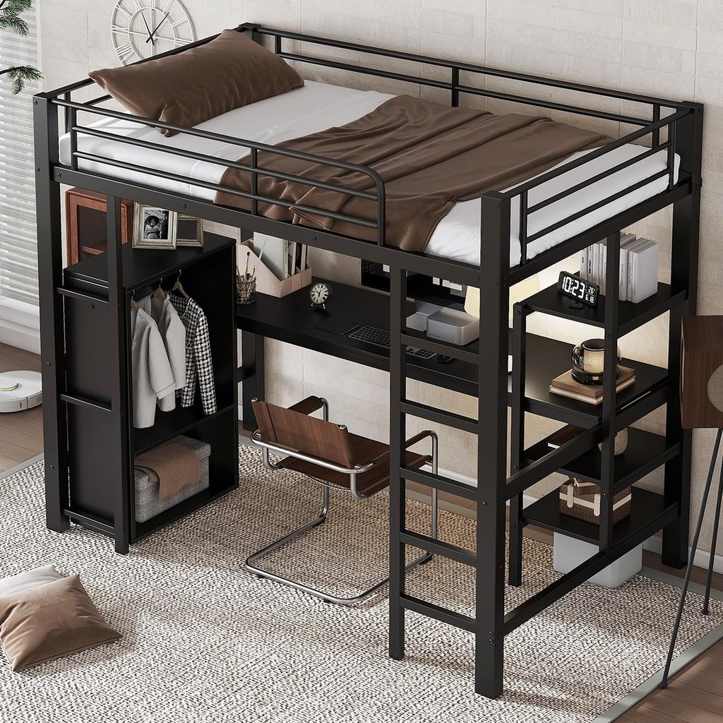 Cama de hierro, litera, adecuada para niños y adolescentes, mesa y armario, compartimentos de almacenamiento, escalera de 5 peldaños, hierro+tablero de partículas, negro, 90x200cm