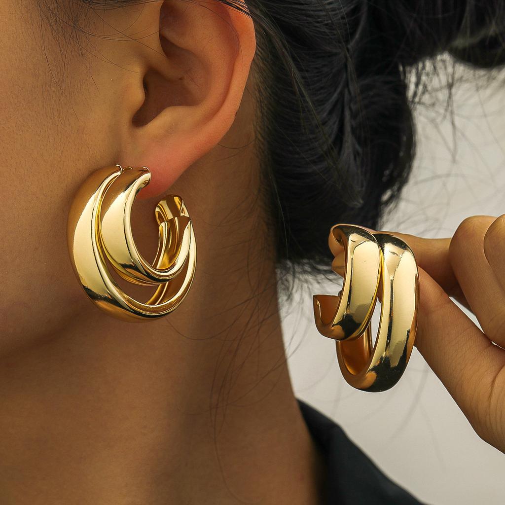 INS Style Exaggerated Double Ring Smooth C-shaped Earrings with Simple, Fashionable and Personalized Double-layer Earrings and Earrings