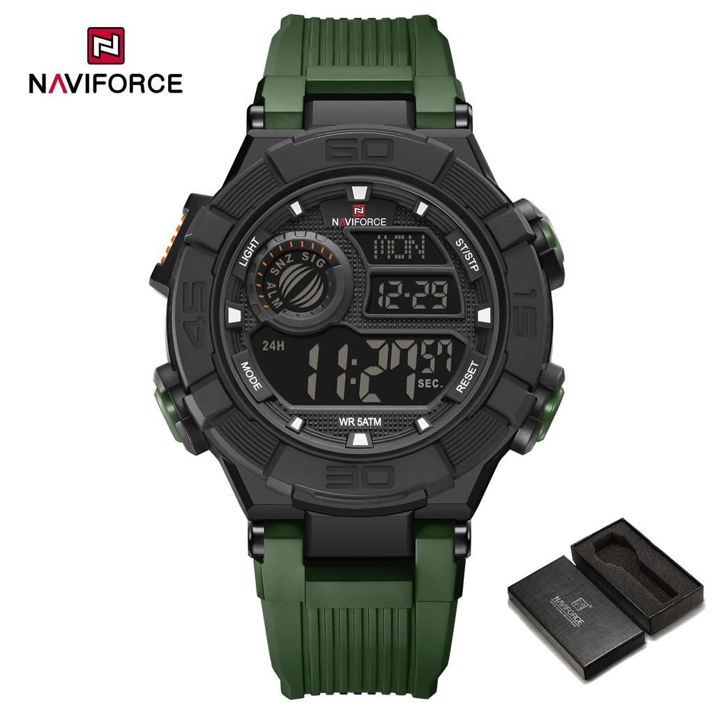 Naviforce Men LCD Watch Ditital Movement Lightweight Silicone Strap 50m Waterproof Calendar Date Alarm Night Pattern Boy Gift Watch NF7131