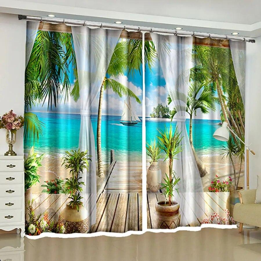 2 Panel Maledivian Seaside Coconut Tree Print Vorhang für Wohnzimmer vom Boden bis zur Decke Fenster Küche Schlafzimmer Jalousien Cortinas
