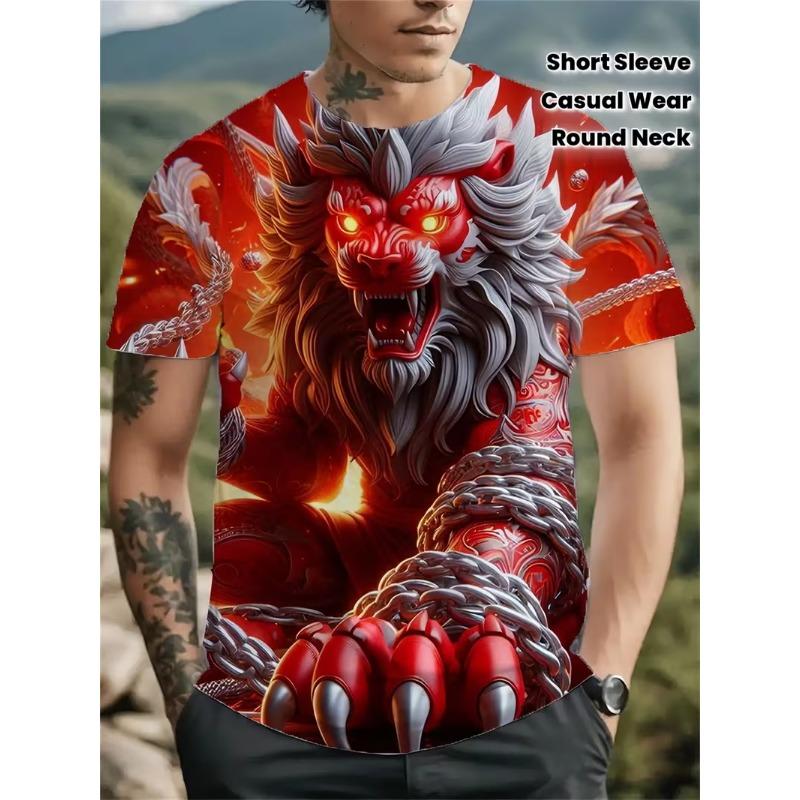 Men's 3D Digital Print Dragon Graphic T-Shirt Casual Short Sleeve Summer Round Neck Tshirts Regular Fit Oversized T Shirt Top