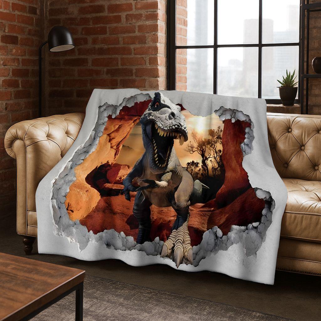 3D Illusion Breaking Wall Dinosaur Animal Series Flannel Blanket,Cozy Soft Throw Blanket for Home Bedroom Bed Sofa Cover Kids