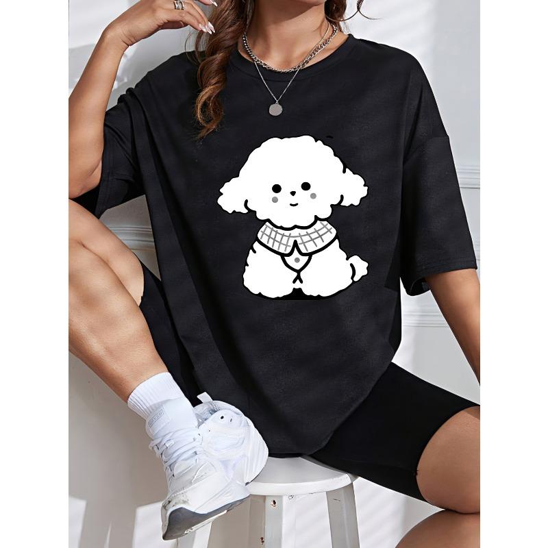 Cute Dog T Shirt White Cartoon Poodle With Scarf Print Casual Everyday Wear
