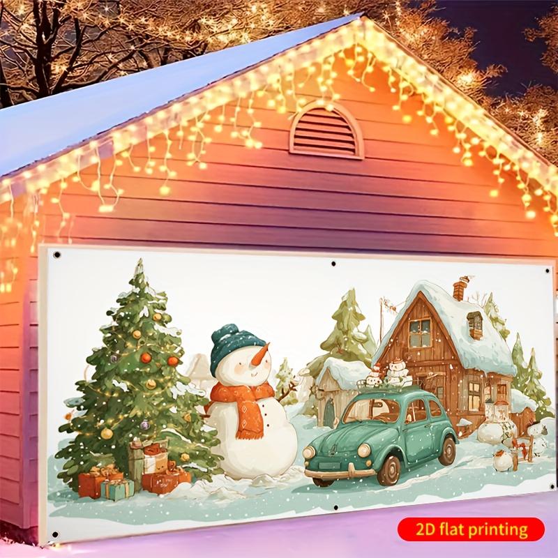 1pcs Winter Snowman and Retro Car 2D Flat Garage Door Background Banner - Snowy Houses Wreath and Gift Giving Snowman