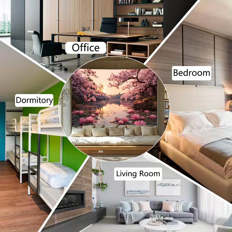 2D Pink Cherry Blossom Lake Tapestry, HD Print Lotus Flower Nature Wall Cloth for Home Studio & Party Decoration