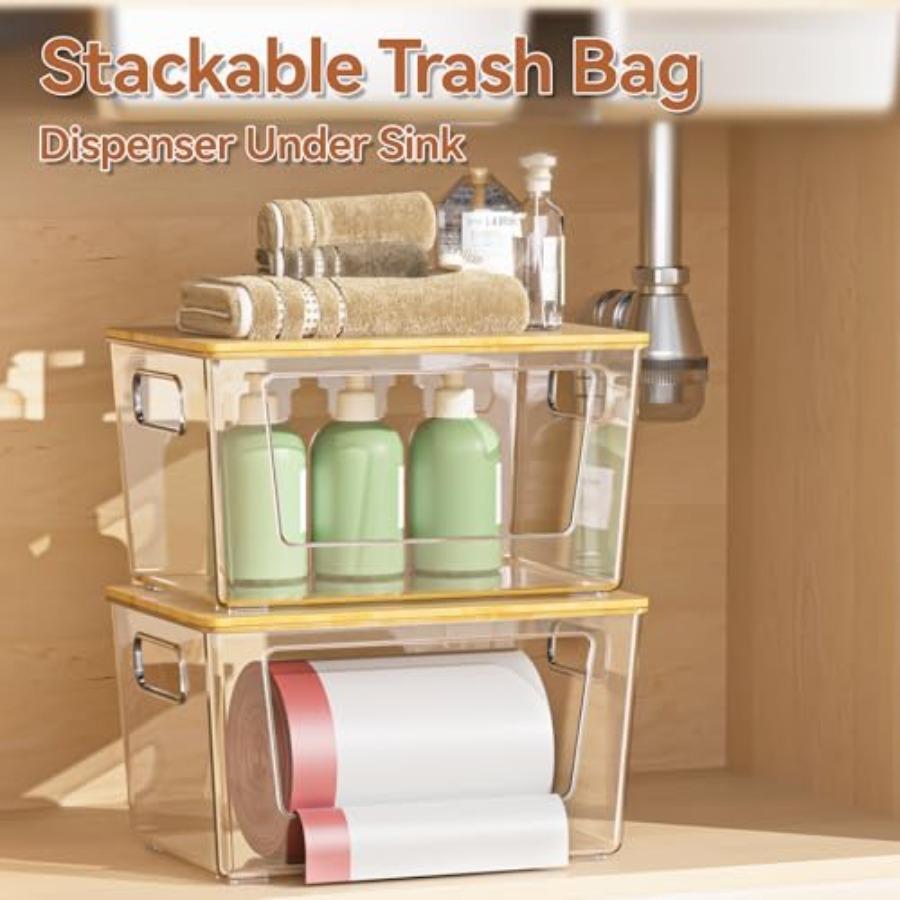 2 Pack Stackable Bamboo Lid Trash Bag Holder Extra Large Garbage Bag Dispenser for Kitchen Laundry Room Under Sink Organization
