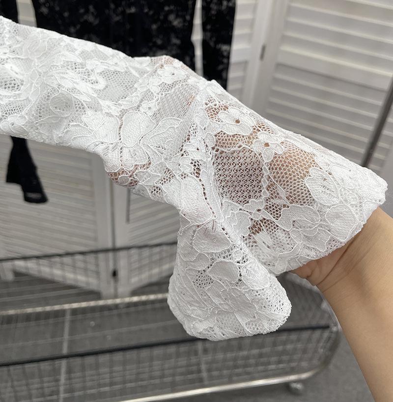 Women's Sexy V-neck Lace Shirt with Lace-up Bowknot and Hollow Long Sleeves