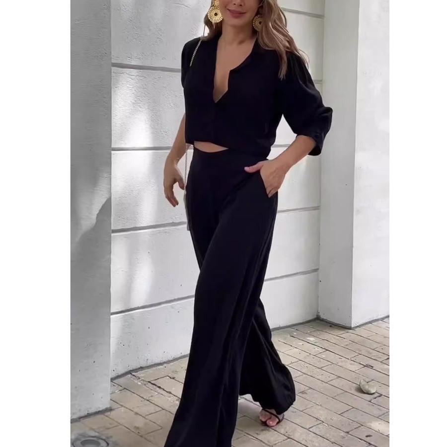 

New Women s Suit Set, Fashionable and Elegant Short Sleeve Wide Leg Pants Women s Two Piece Outfit XL чорний