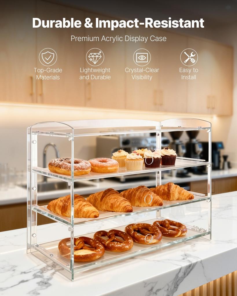 Bakery Display Case, 3-Tier Commercial Countertop Pastry Display Case, Clear Acrylic Bread Box for Kitchen, Party Cake Cabinet with Flip-Up Door for