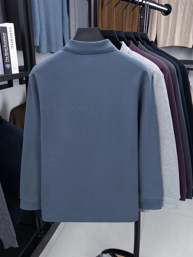 Polo homme Douyin automne en coton - Col rabattu, manches longues, couleur unie, coupe décontractée