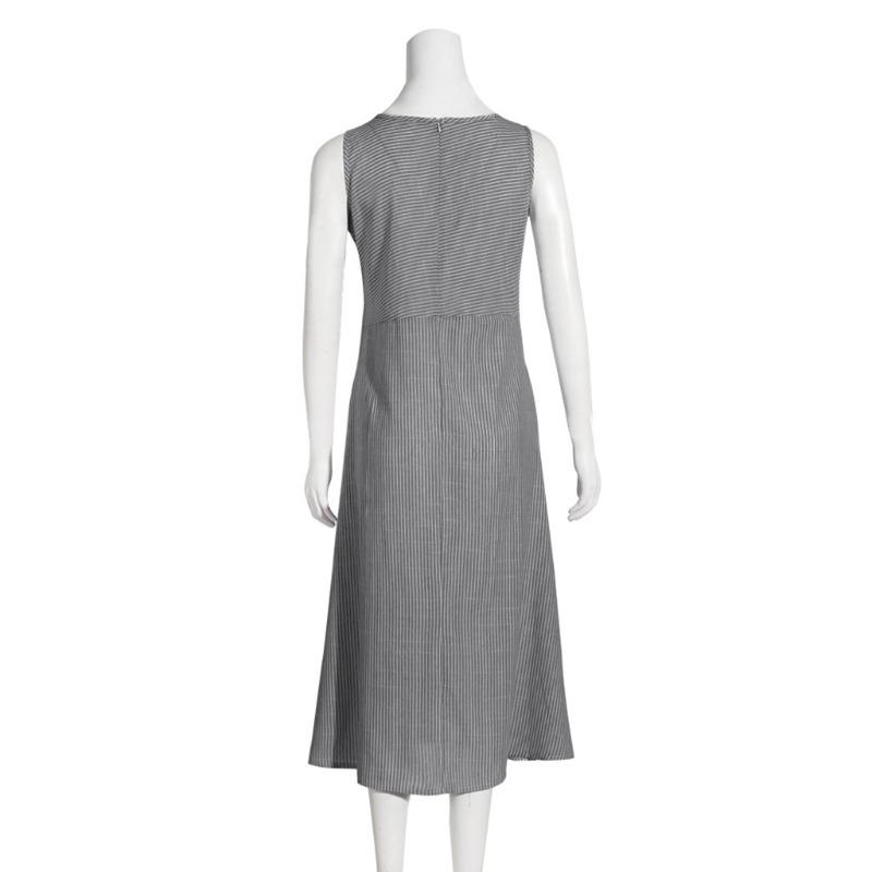 JKASHDK Women s Fashion Summer Spring Stripe Print Sleeveless O-Neck Loose Waistline Casual Dresses S