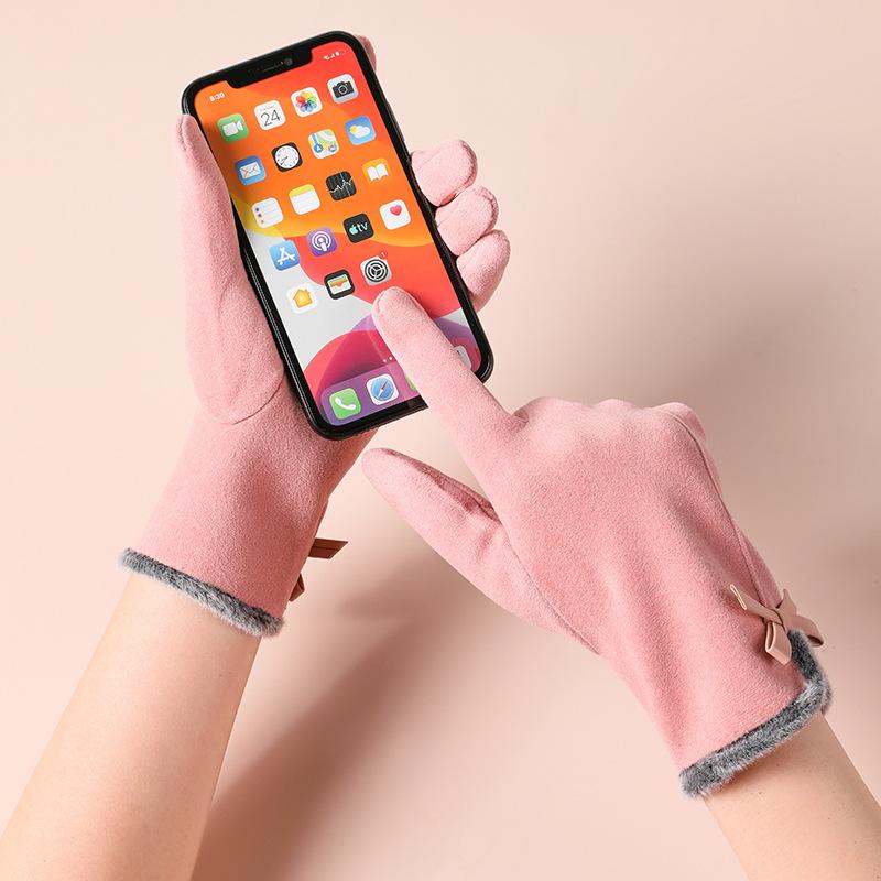 Warm Gloves for Women In Autumn and Winter Outdoor Riding Cold Proof Thickened Plush Velvet Cute Bow Develvet Touch Screen Gloves