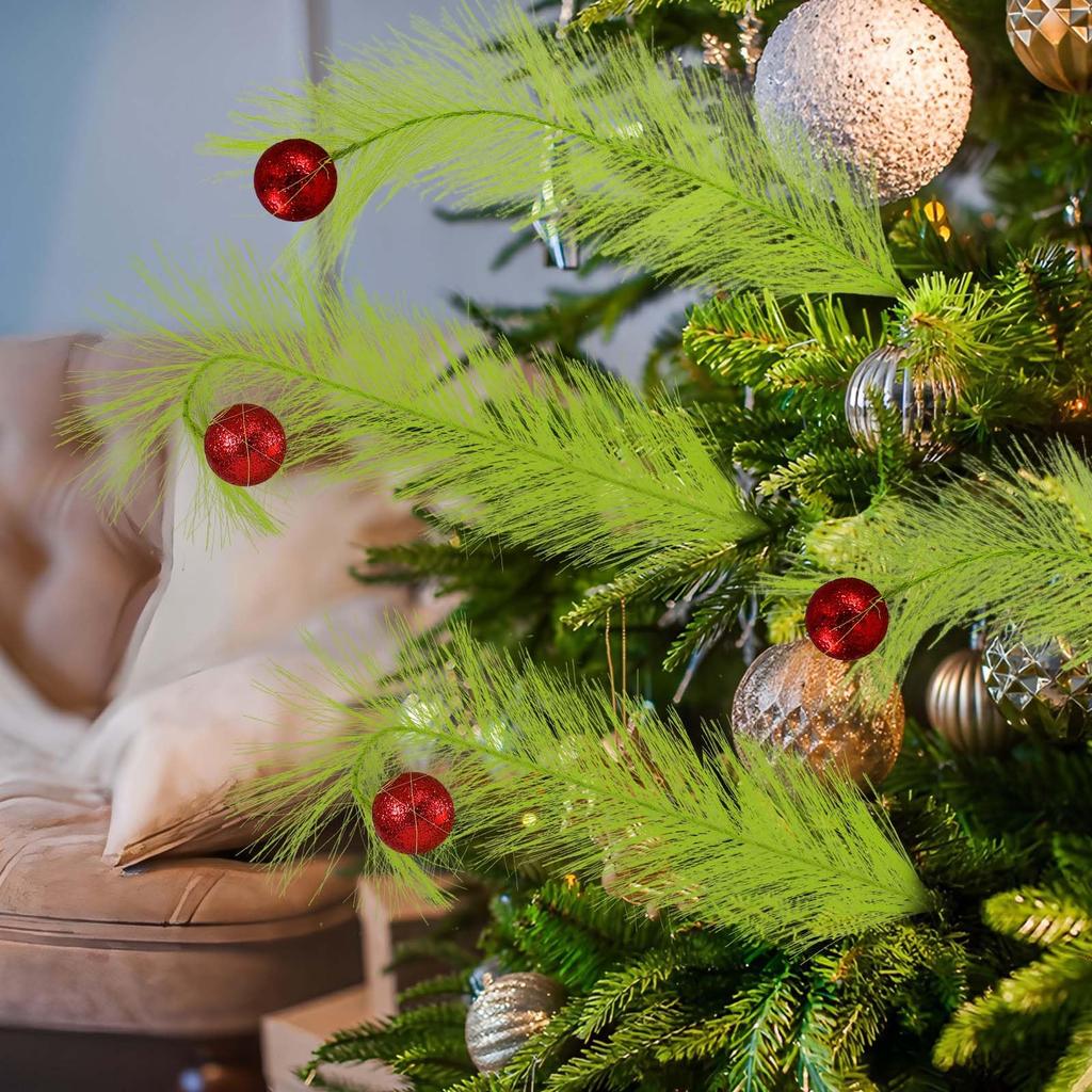 12PCS Christmas Picks Sprays Tree Topper Lime Green Curly with Red Ball Artificial Pampas Stems for Xmas Tree Crafts Home Decor