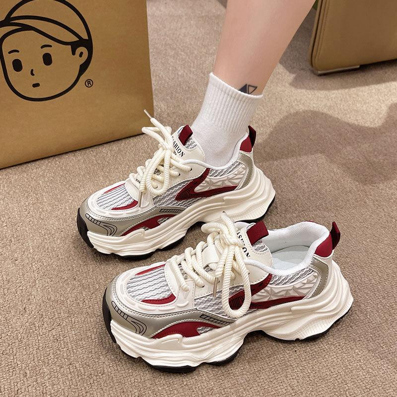 Fried Street Platform Dad Shoes Women's Height Increase Versatile Casual Shoes New Spring and Autumn Breathable Silver Sneakers