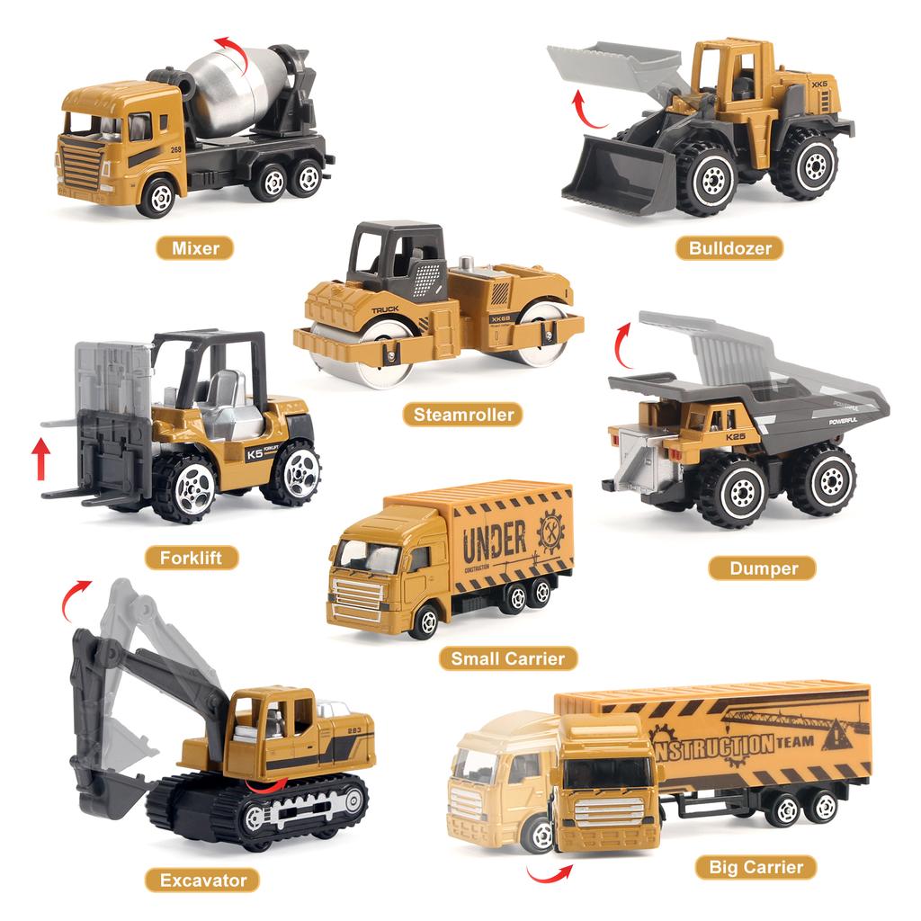 8pcs/set Alloy Engineering Truck with Mat&Road Sign Classic Construction Model Vehicle Loader Tractor Excavator Toy Car for Boys