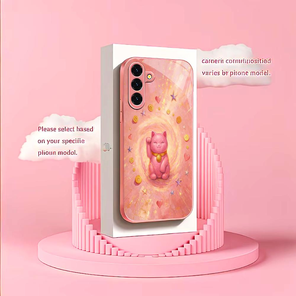 Pink Money Cat PhoneCase for Samsung Galaxy S26 S25 S24 S23 S22 FE Ultra Plus Built-in glass feel bare machine Women's style