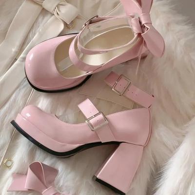 Mode Lolita Skor Rosa Kawaii Skor Läder Rosett Platå Mary Jane Enkla Skor Dam Söta Högklackar Japanska Originalpumps