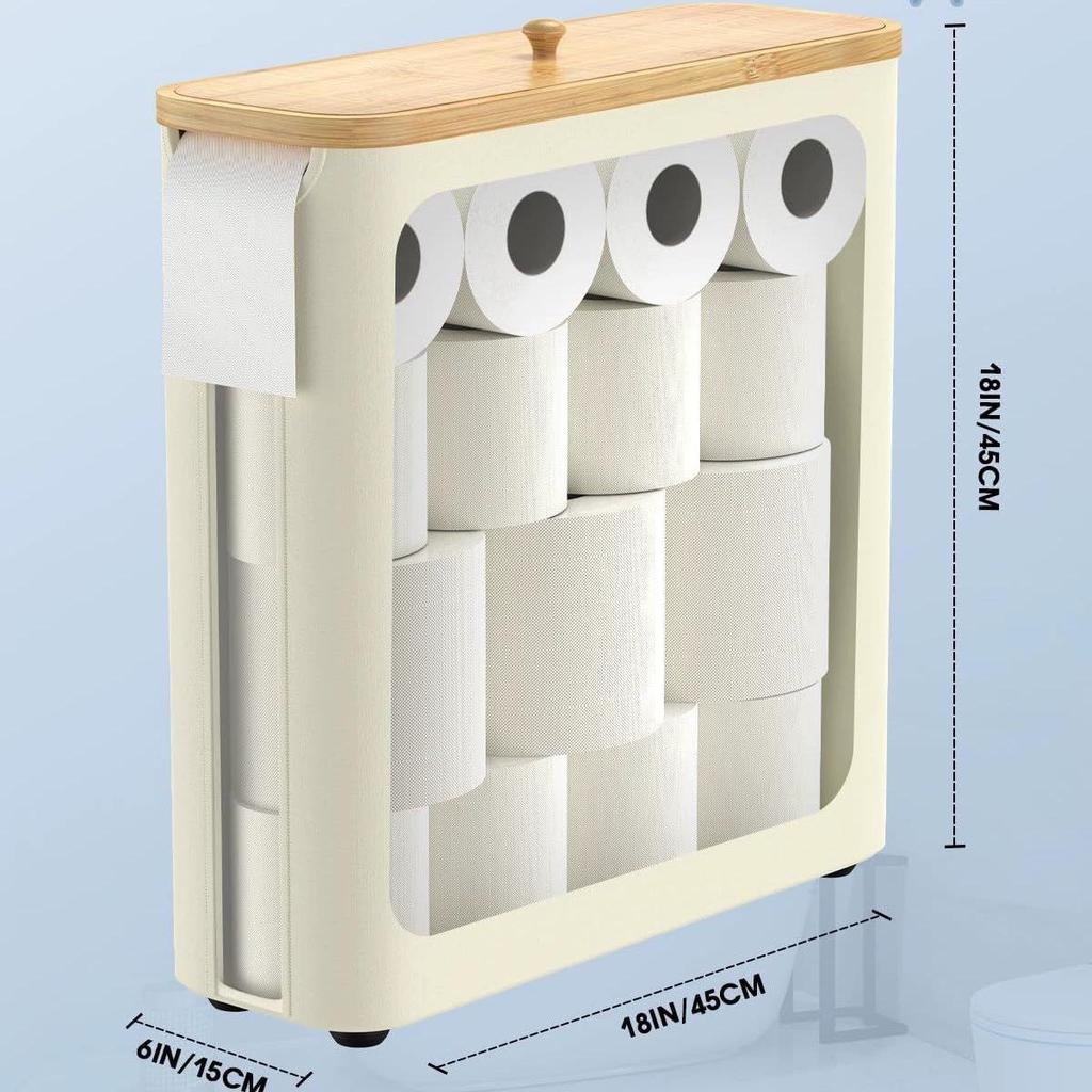 Transparent Bathroom Storage Box with Lid, Bamboo Foldable Napkin and Paper Roll Organizer